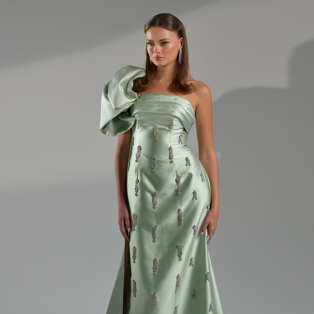 Elegant Crystal Sage Green One Shoulder Evening Dress with Cape SS368