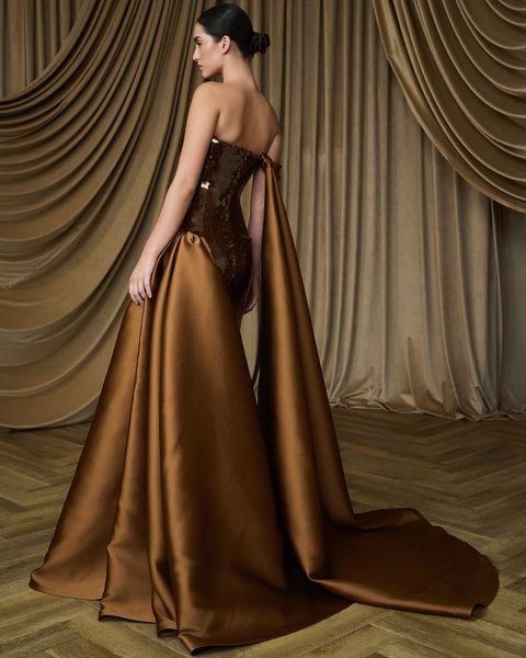 Stunning Sequined Brown Evening Dress with Overskirt SF236