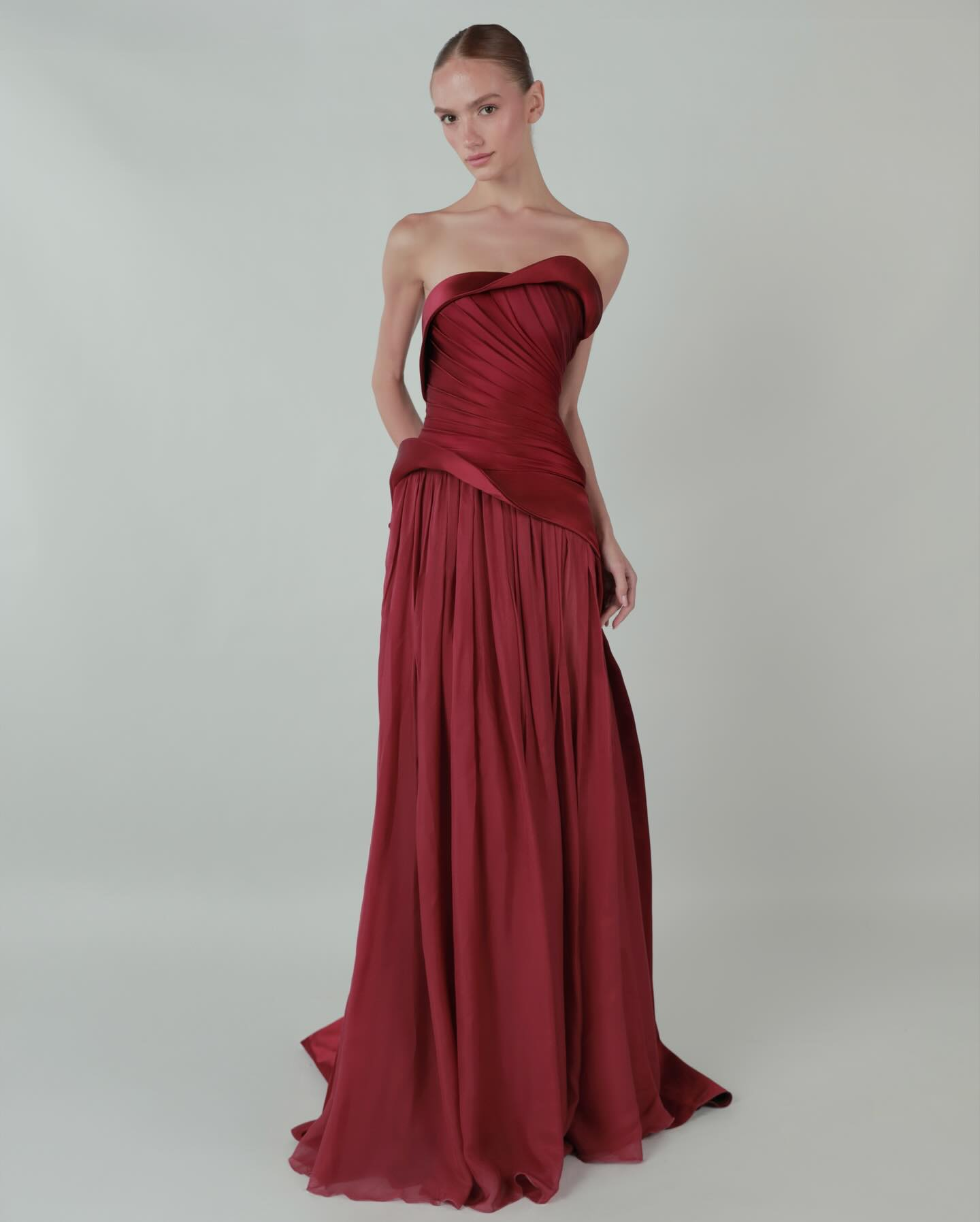 Luxury Wine Red Strapless Ruched Satin Evening Dress with Overskirt SF021