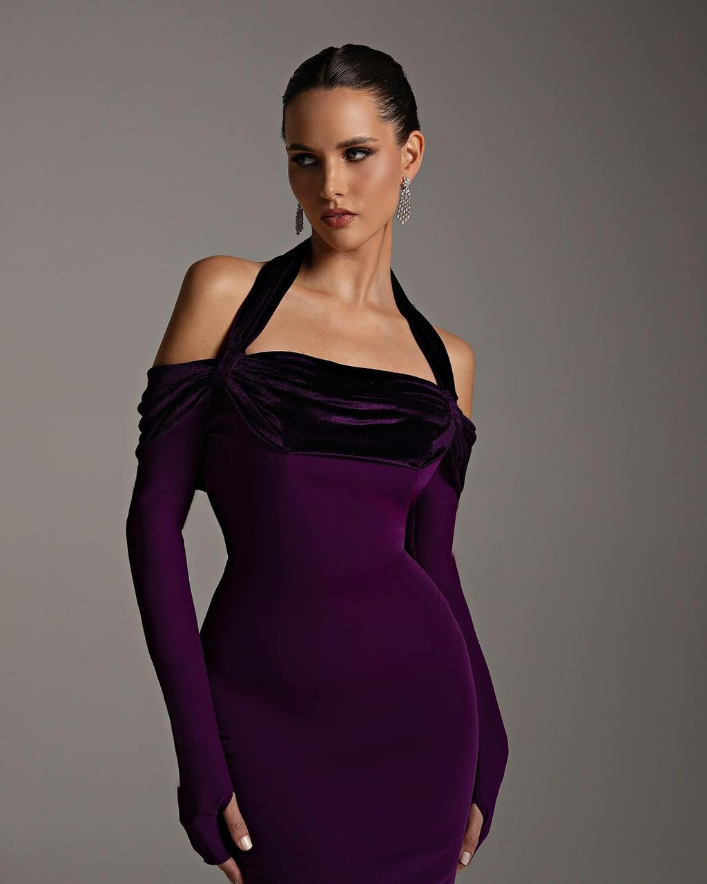 Elegant Halter Purple Long Sleeve Mermaid Evening Dress SF345