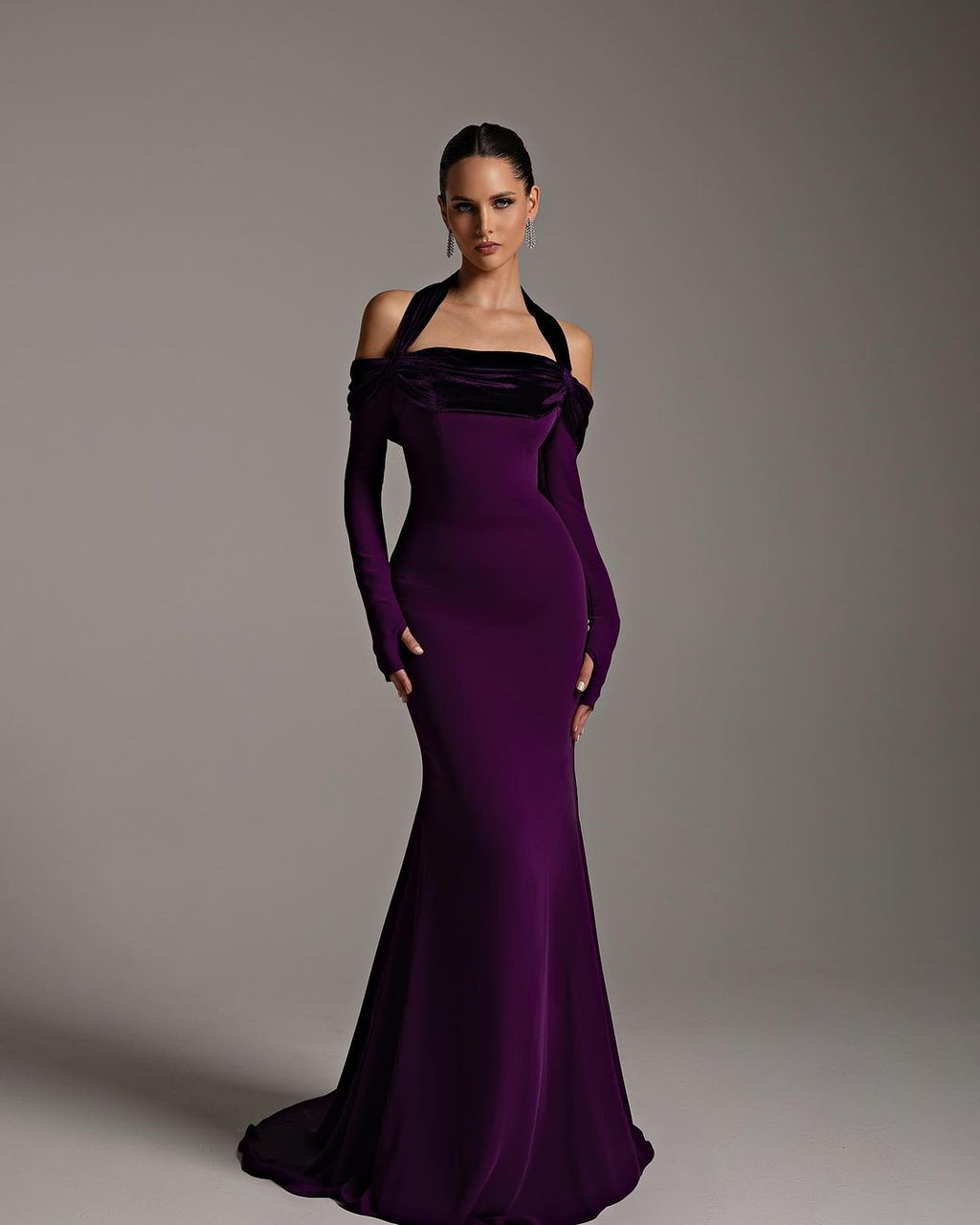 Elegant Halter Purple Long Sleeve Mermaid Evening Dress SF345