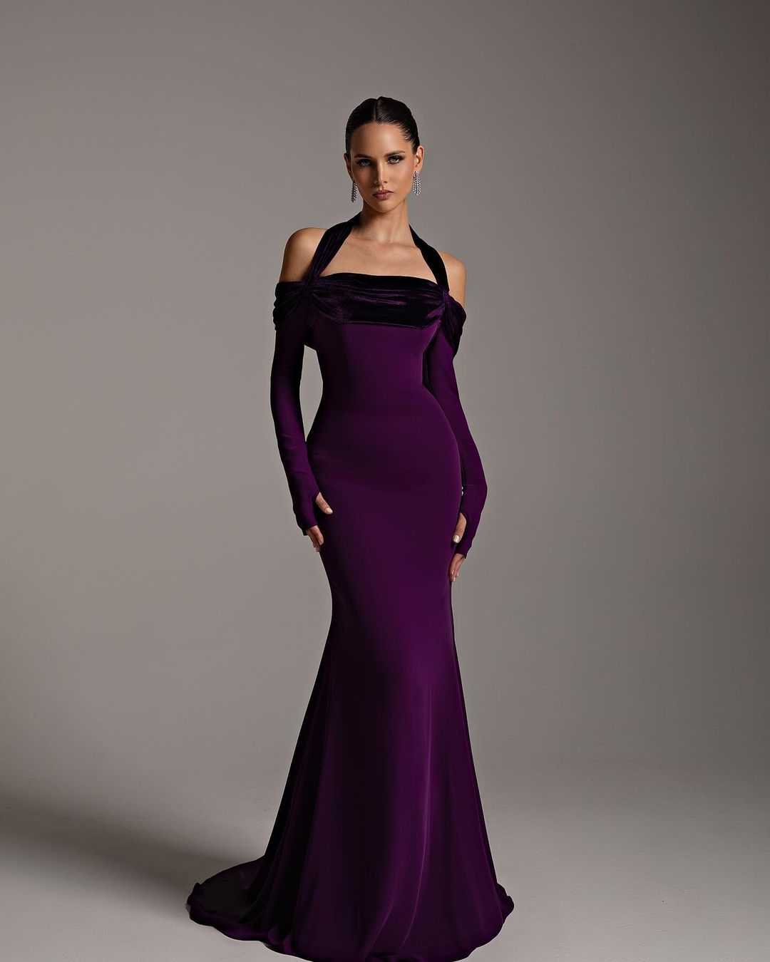 Elegant Halter Purple Long Sleeve Mermaid Evening Dress SF345