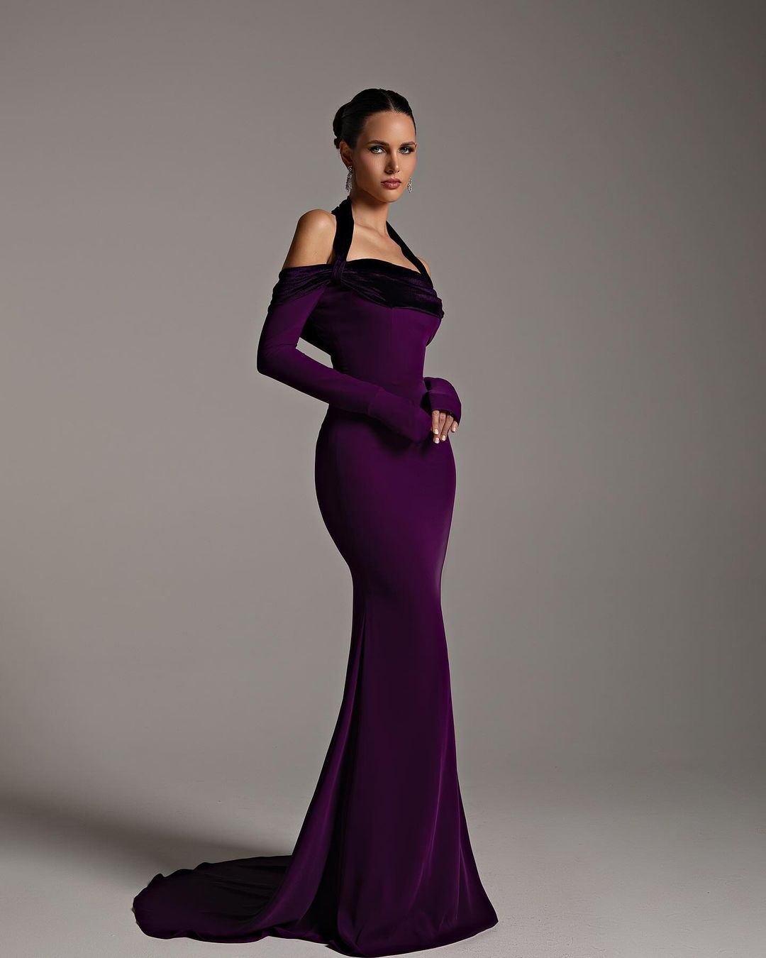 Elegant Halter Purple Long Sleeve Mermaid Evening Dress SF345