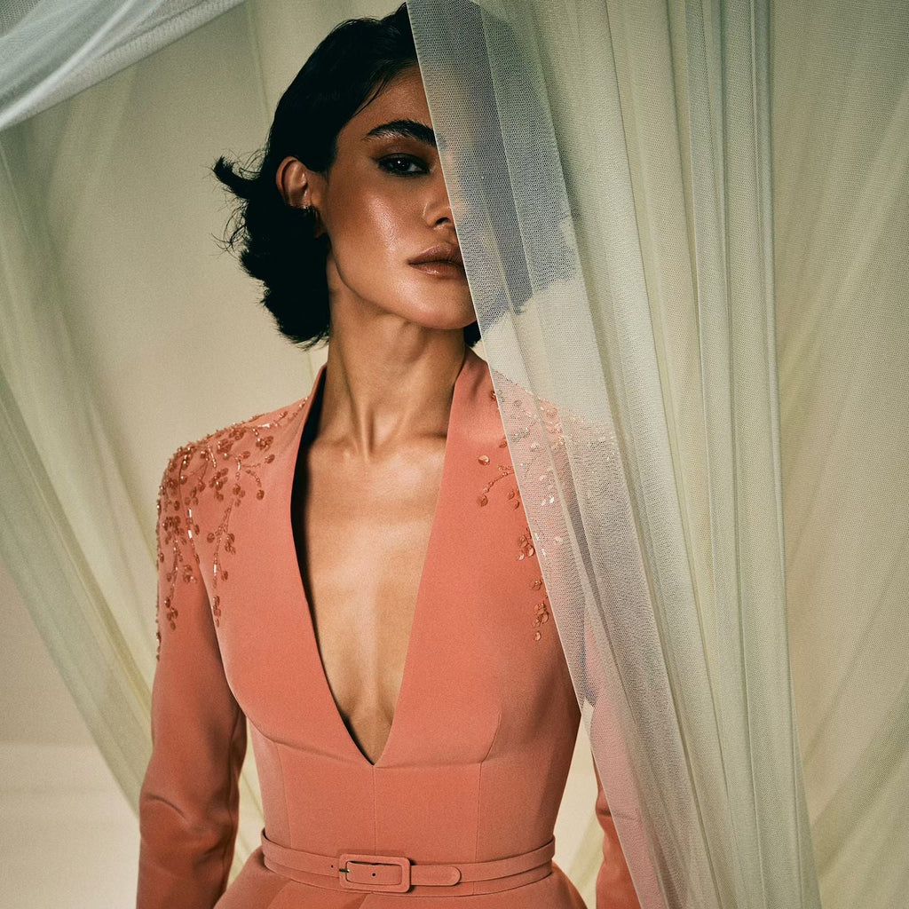Elegant Crystal Orange Evening Dress with Long Sleeves SS216