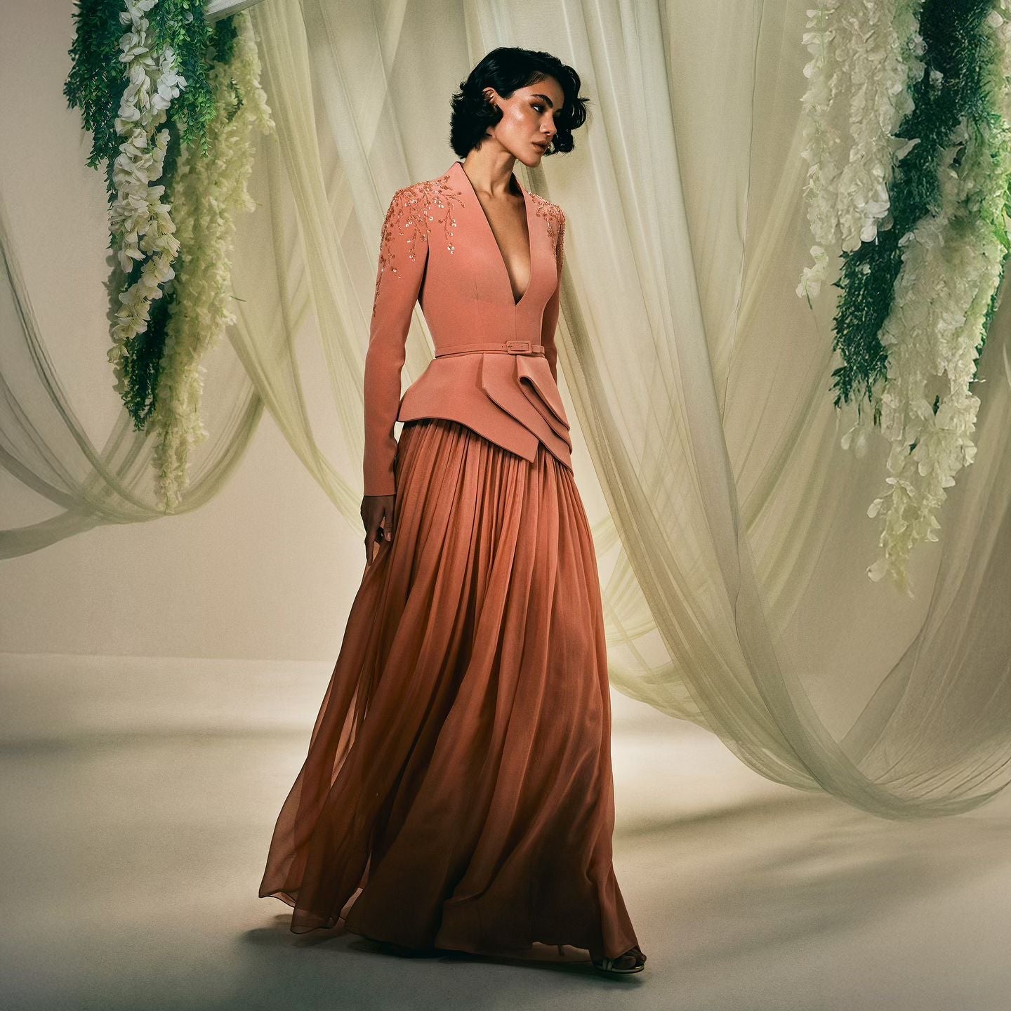Elegant Crystal Orange Evening Dress with Long Sleeves SS216