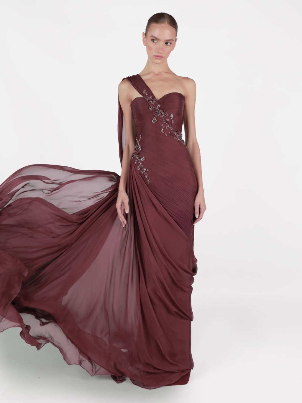 Elegant Light Pink Draped One Shoulder Evening Dress with Cap SF249