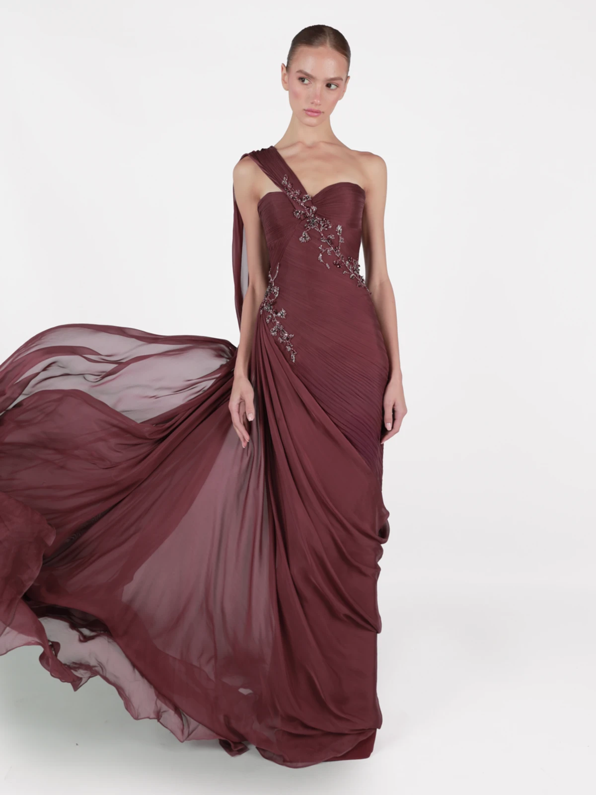 Elegant Light Pink Draped One Shoulder Evening Dress with Cap SF249