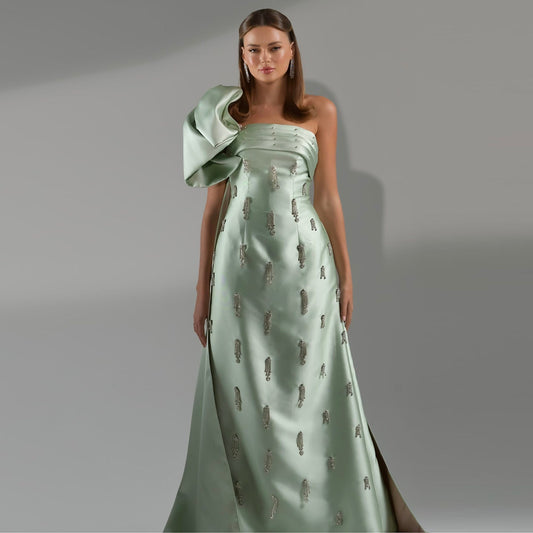 Elegant Crystal Sage Green One Shoulder Evening Dress with Cape SS368