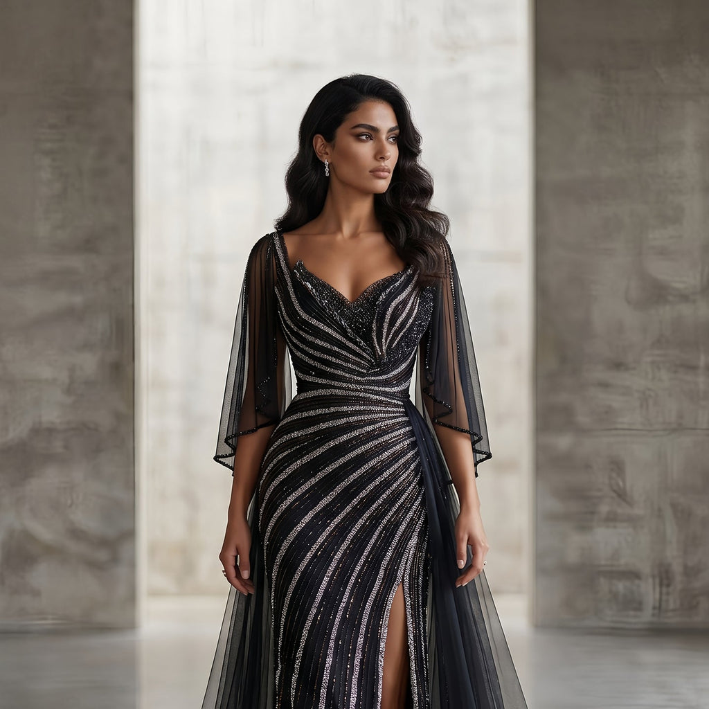 Luxury Champagne V-Neck Beaded Evening Dress with Cape Sleeves SS063
