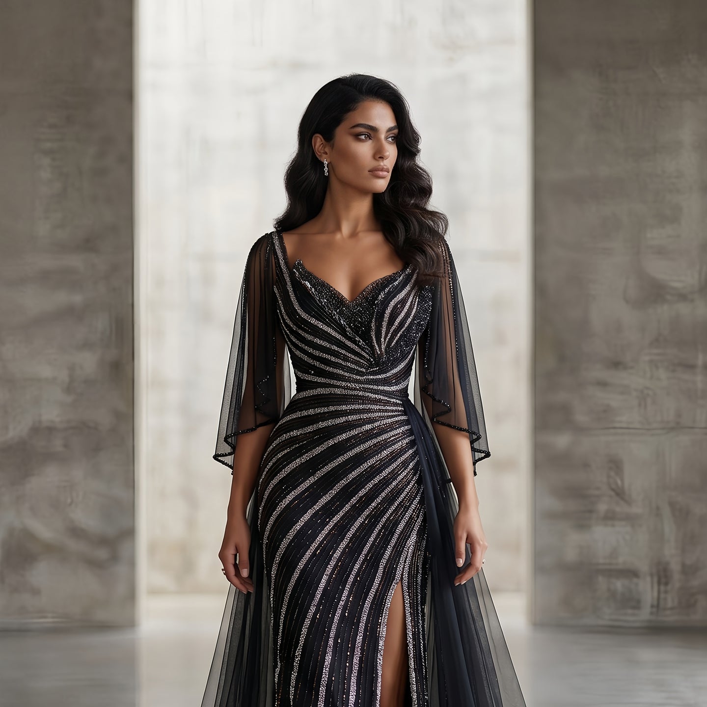 Luxury Champagne V-Neck Beaded Evening Dress with Cape Sleeves SS063