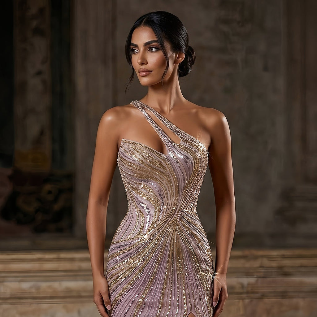 Elegant Gold Crystal Beaded High Slit Mermaid Evening Dress SS153