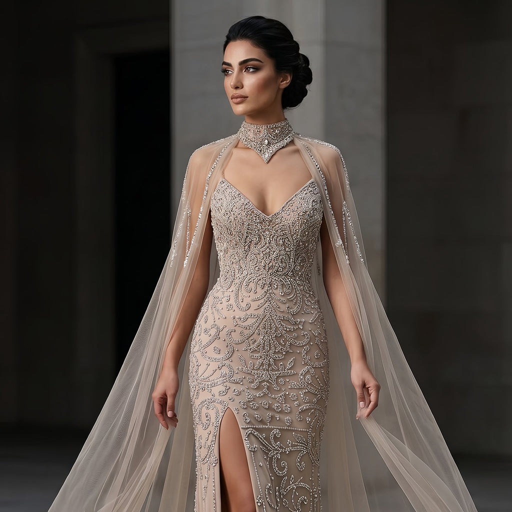 Luxury Champagne High Neck Beaded Mermaid Evening Dress with Cape and Slit SS135