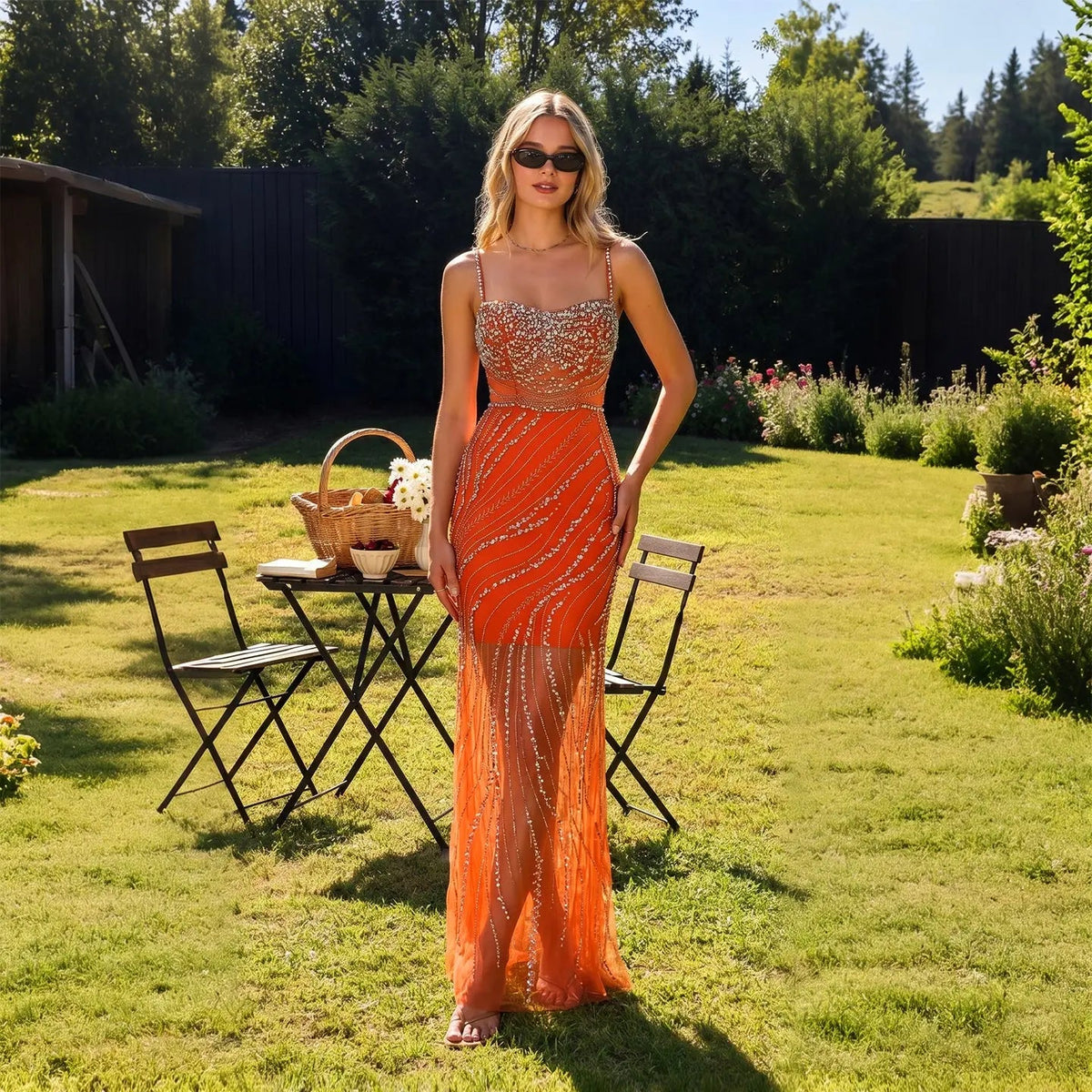 Luxury Orange Crystal Spaghetti Cocktail Party Evening Dress SS351