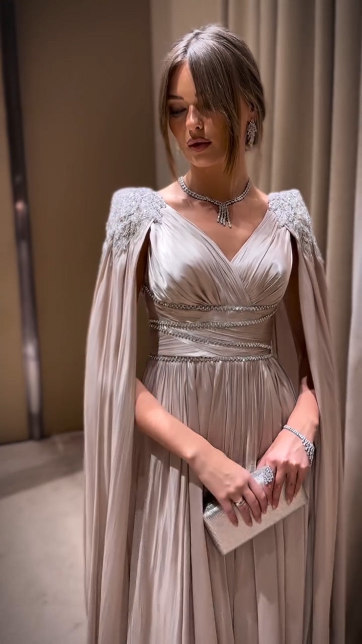 Luxury Crystal Rose Gold Evening Dress with Cape SS589