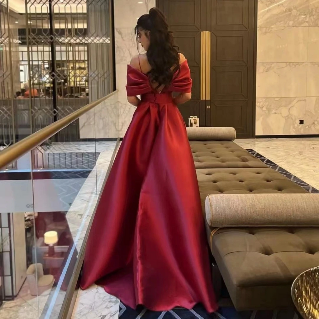 Elegant Burgundy Off Shoulder Evening Dress with Overskirt SF275