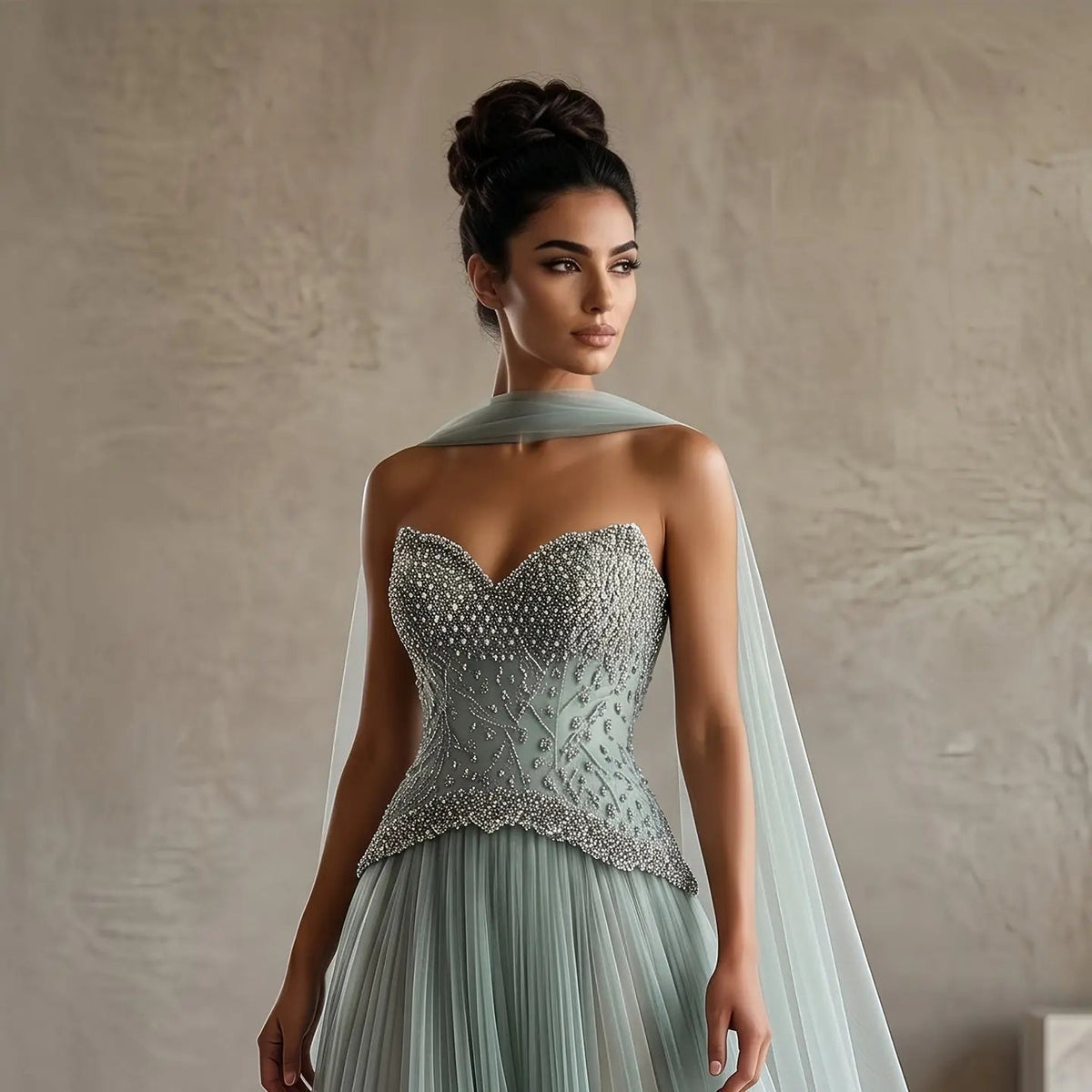Luxury Sage Green Beaded A-Line Evening Dress with Scarf SS299