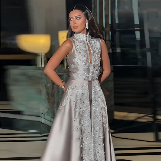 Elegant Floral Embroidery Gray A-Line Evening Dress XD-003