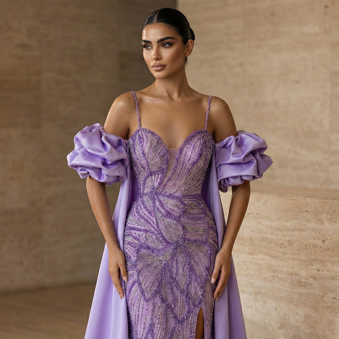 Luxury Lilac High-Slit Beaded Cape Evening Dress with Cap Sleeves SS157