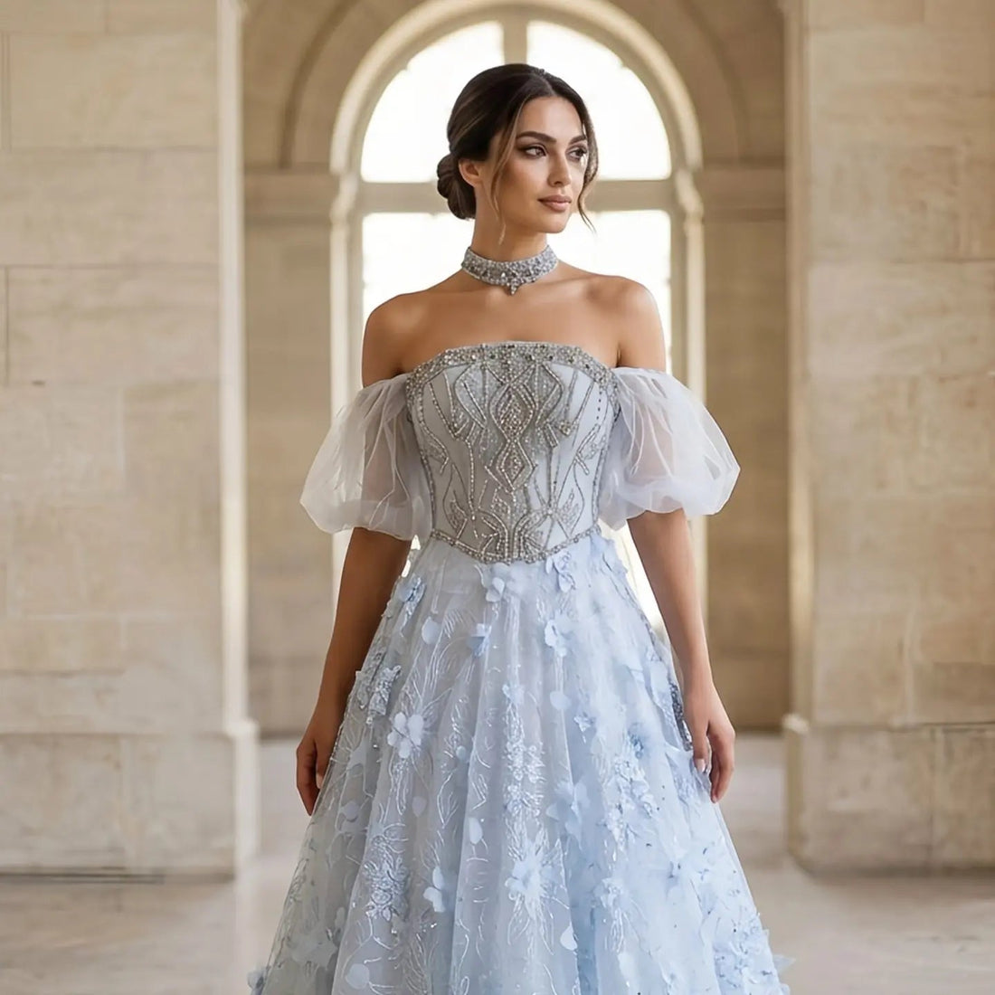 Luxury Blue 3D Floral Beaded Ball Gown Evening Dress with Overskirt SS745