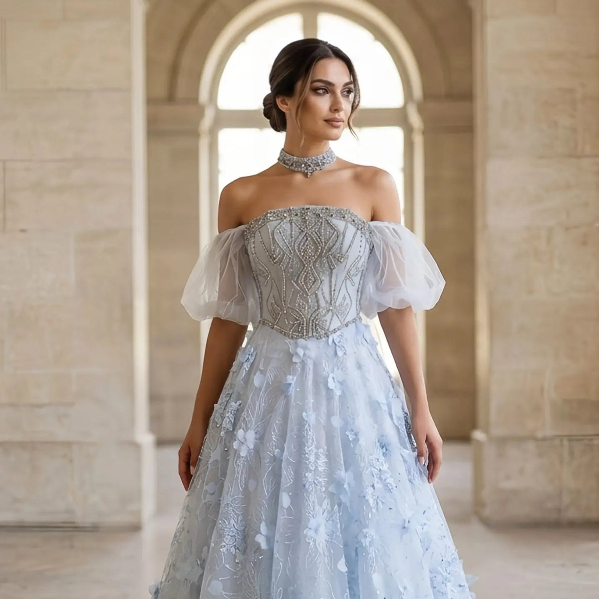 Luxury Blue 3D Floral Beaded Ball Gown Evening Dress with Overskirt SS745