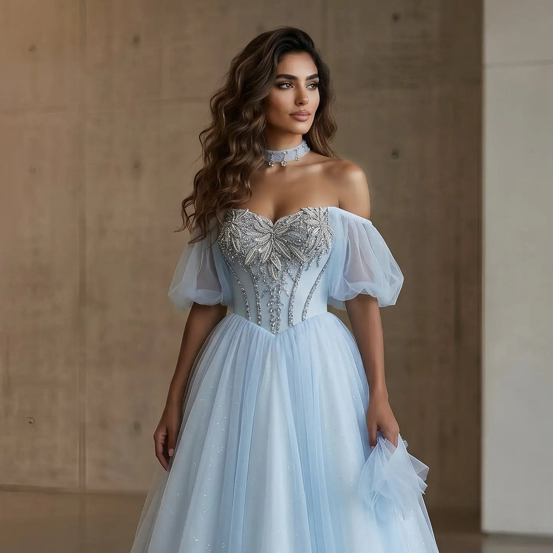Luxury Blue Beaded Off-the-Shoulder Tulle Evening Dress with Necklace SS736