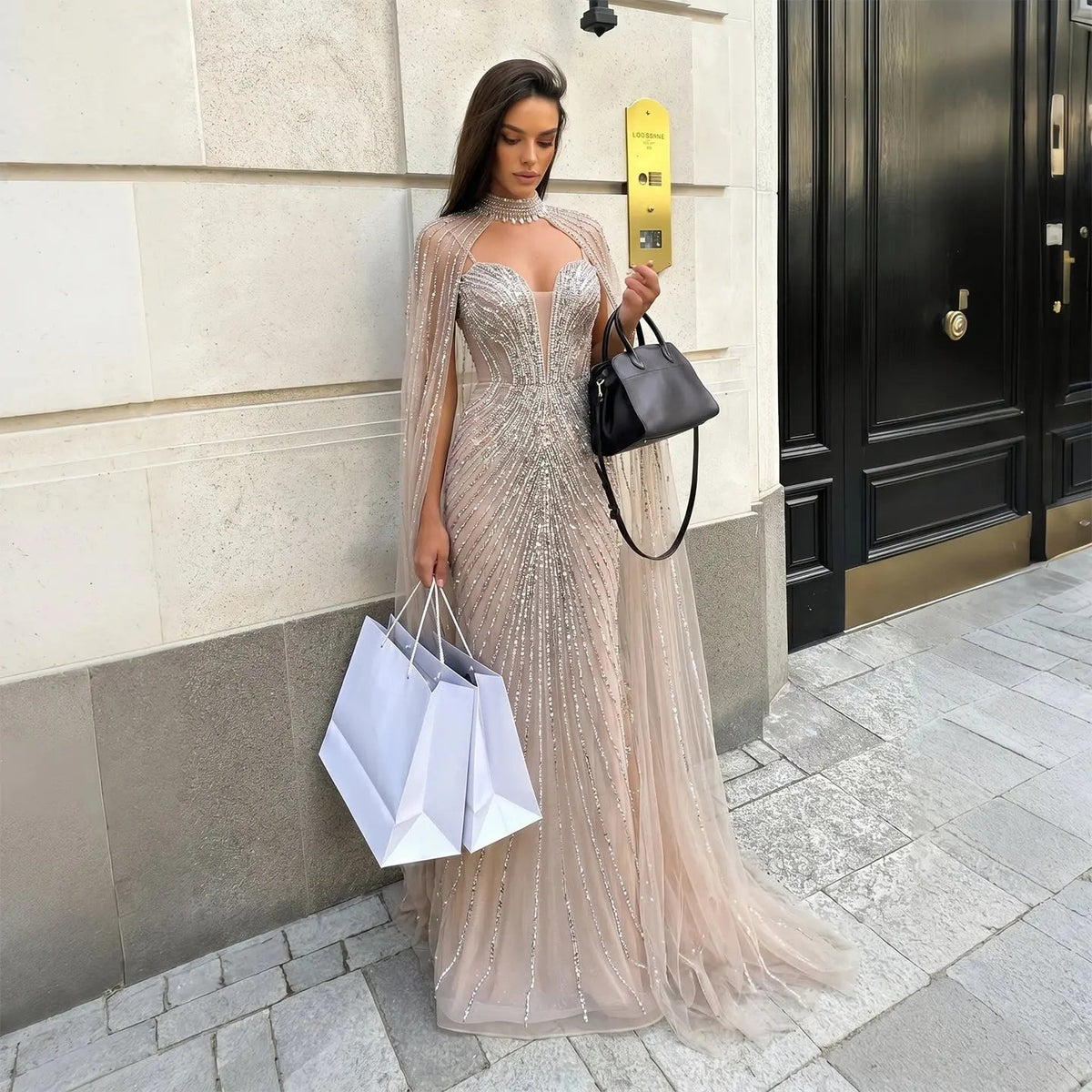 Lilac Sheer Cape Mermaid  Full Hand Beaded Evening Dress  SS114