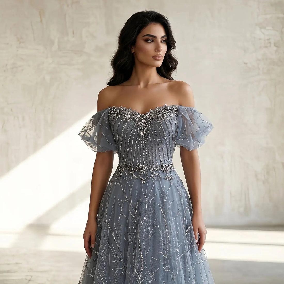 Luxury Gray Beaded Crystal Short Sleeve Tulle Evening Dress SS725