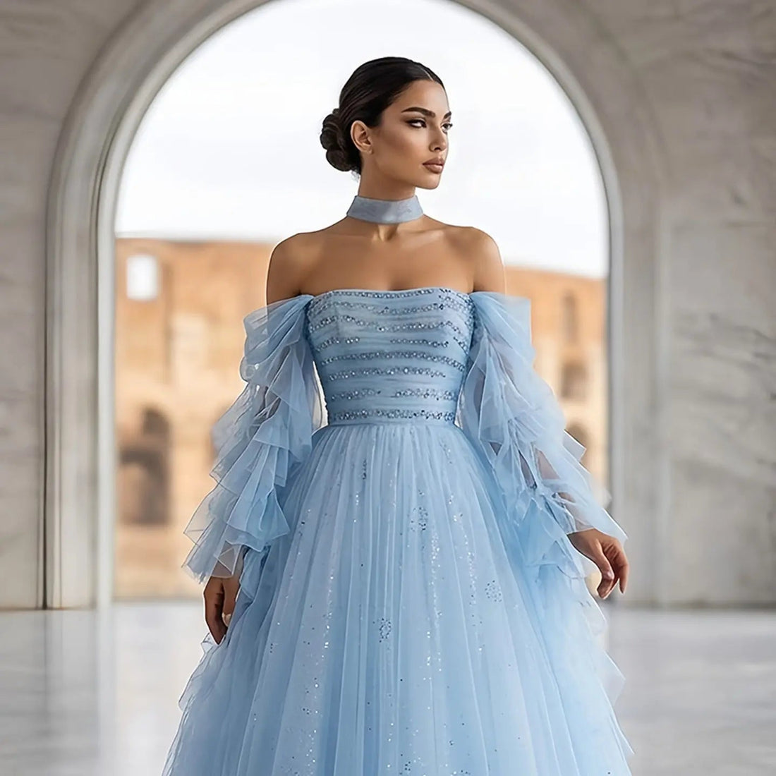 Luxury Blue Flowy Cape Beaded Waist Ball Gown Evening Dress SS737
