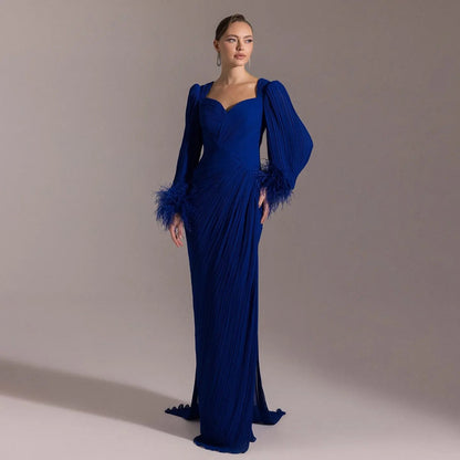 Luxury Feather Fuchsia Long Sleeves Evening Dress with Feathers and Overskirt SF411