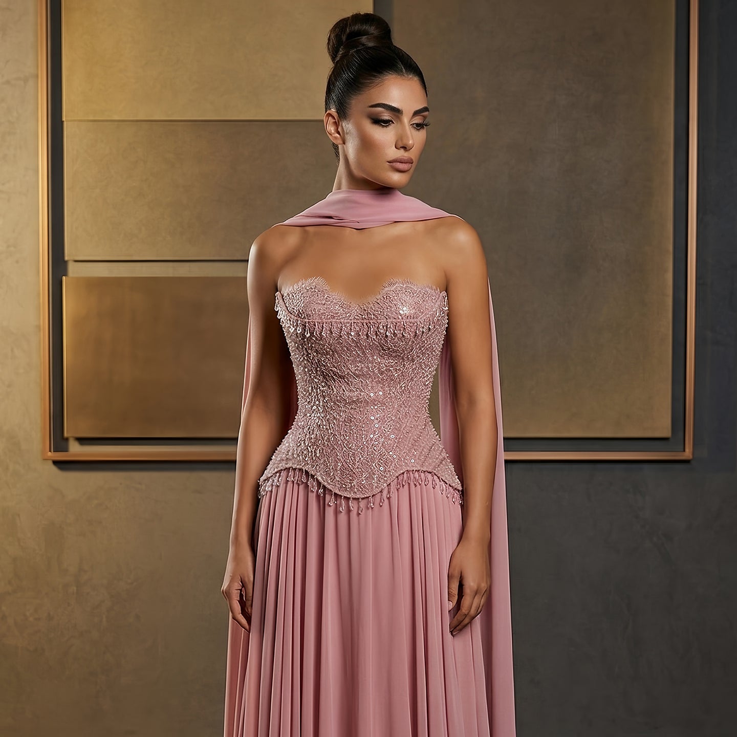 Luxury Pink Sweetheart Beaded Chiffon Evening Dress with Scarf SS434