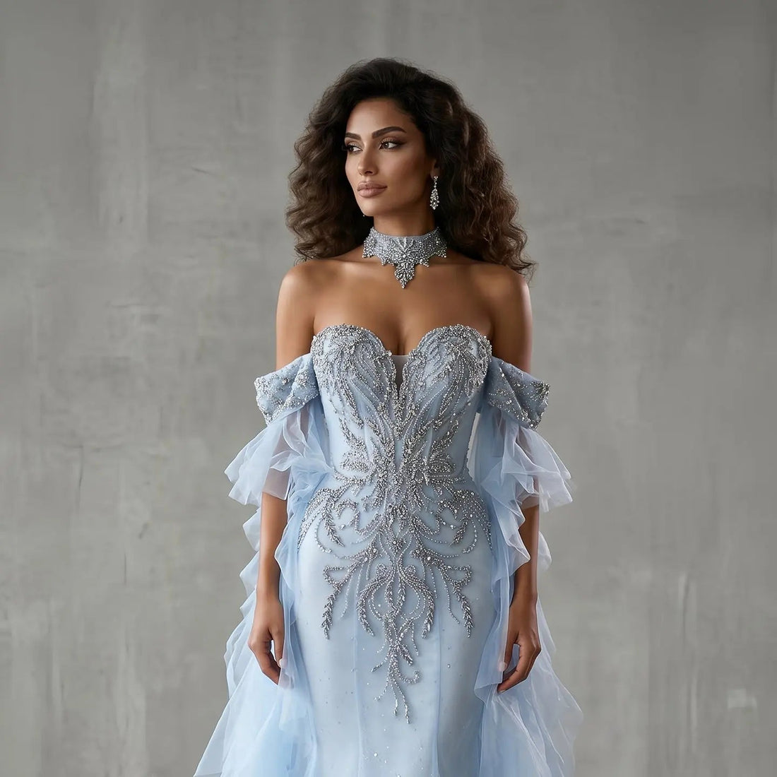 Luxury Blue Beaded Tulle Evening Dress with Flowing Sleeves SS723