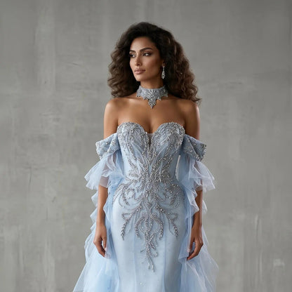 Luxury Blue Beaded Tulle Evening Dress with Flowing Sleeves SS723