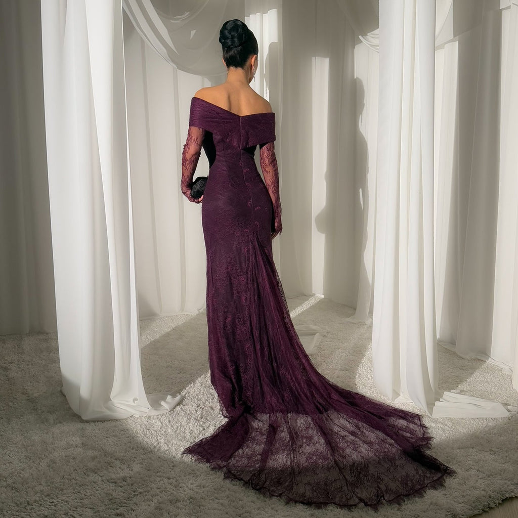 Luxury Purple Off Shoulder Lace Arabic Evening Dress SF205