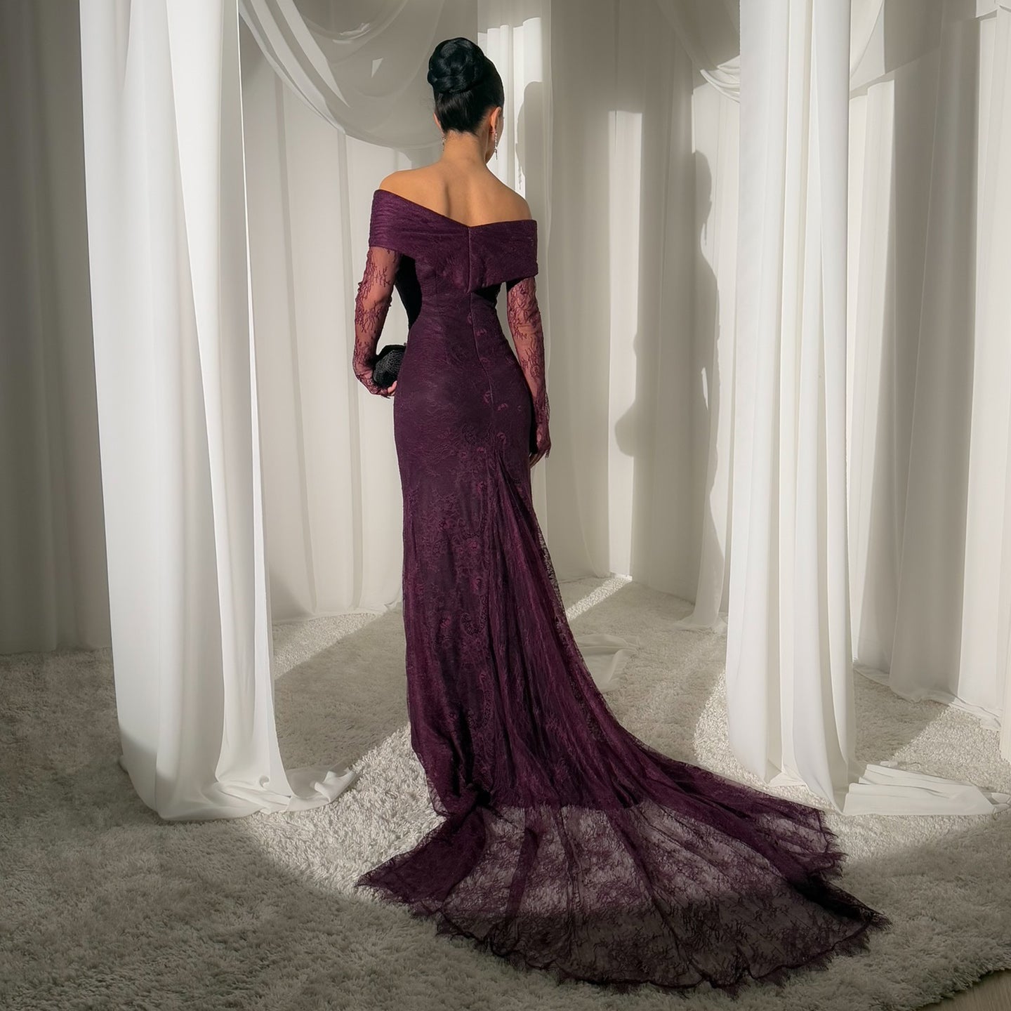 Luxury Purple Off Shoulder Lace Arabic Evening Dress SF205