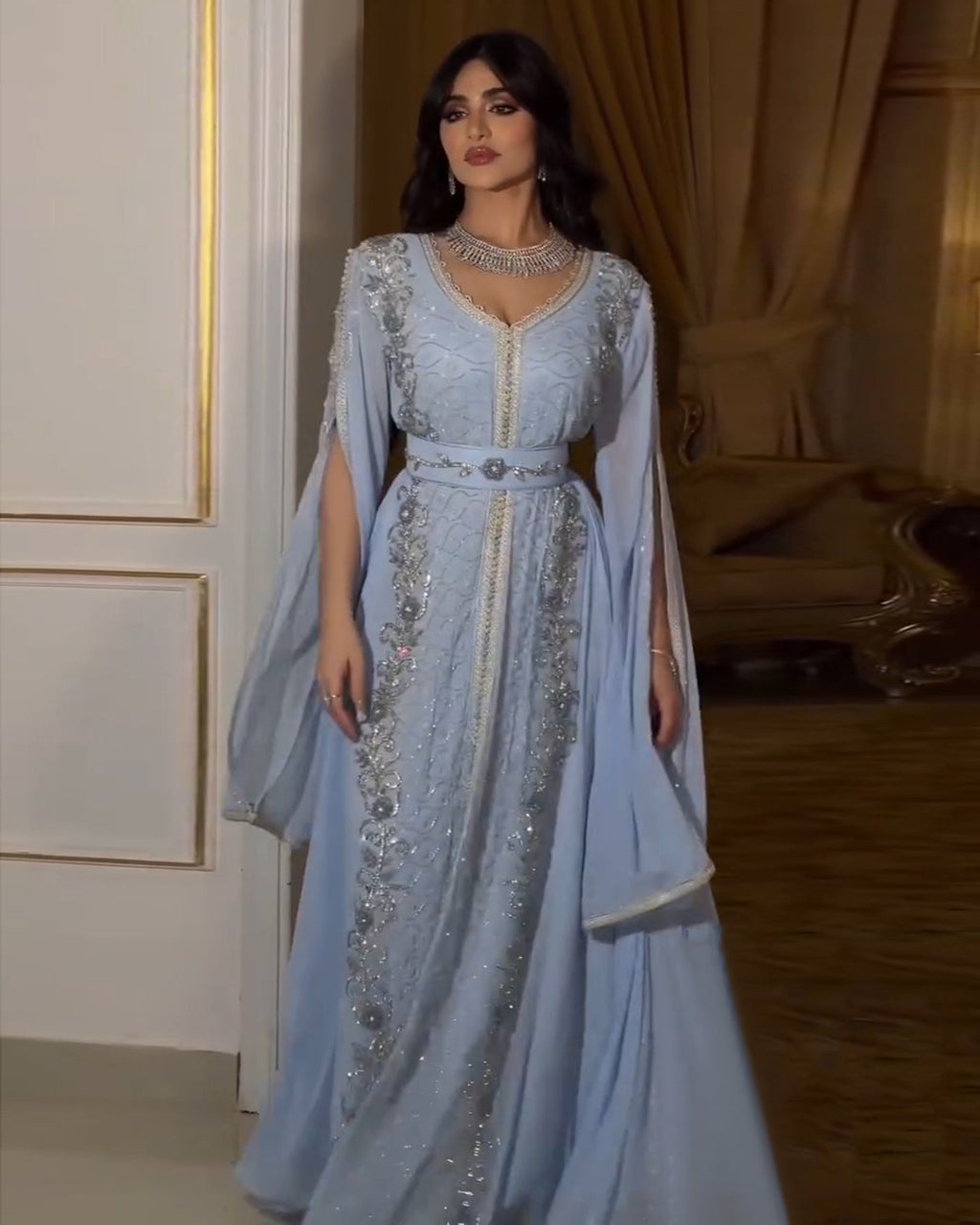 Luxury Beaded Blue Long Sleeve Evening Dresses SS404