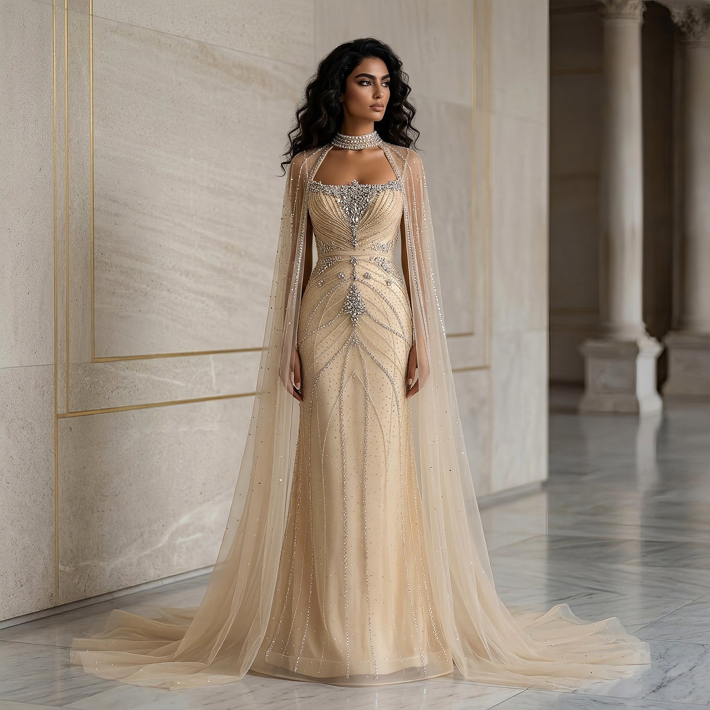 Elegant Champagne Halter Neck Beaded Evening Dress with Cape Sleeve SS131