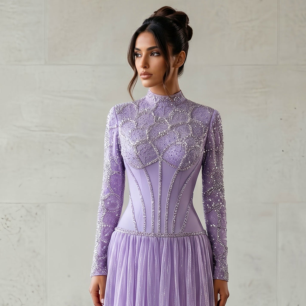 Luxury Lilac High Neck Beaded Long Sleeve Corset Evening Dress SS786