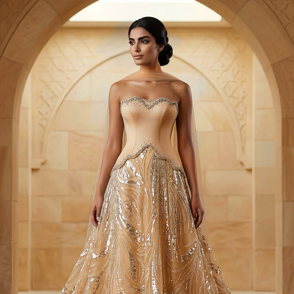 Luxury Champagne Beaded Sequin Evening Dress with Scarf SS132