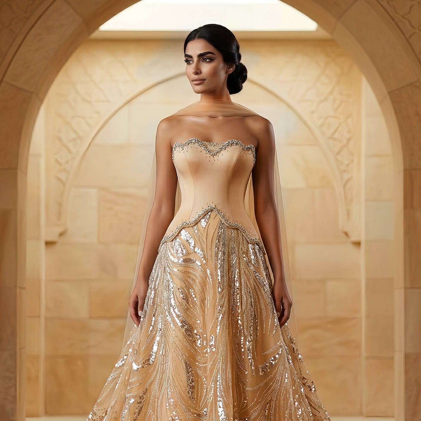 Luxury Champagne Beaded Sequin Evening Dress with Scarf SS132