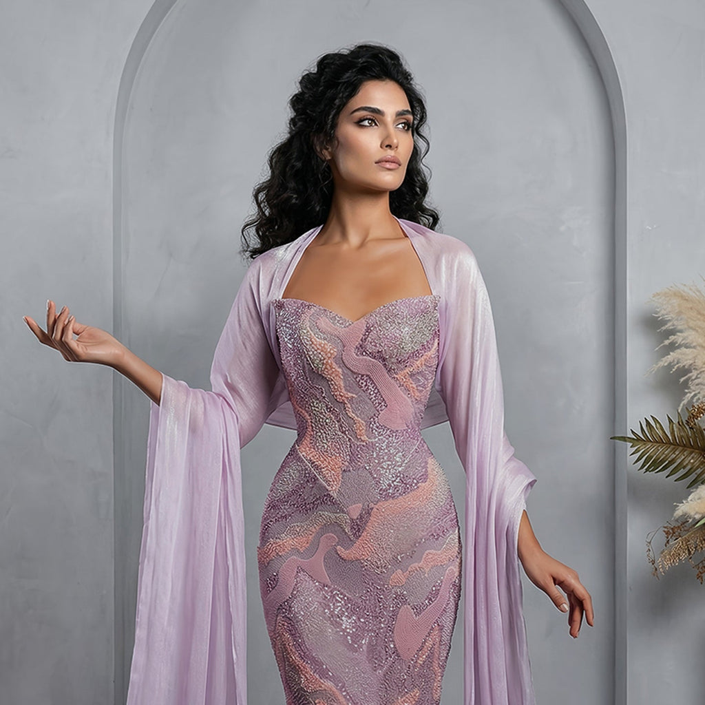 Luxury Pink Crystal Embellished Mermaid Evening Dress with Cape SS658