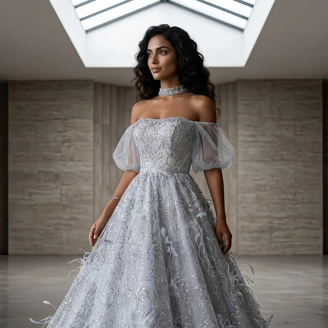 Luxury Gray Feather Lace Beaded Off-the-Shoulder Train Evening Dress SS738