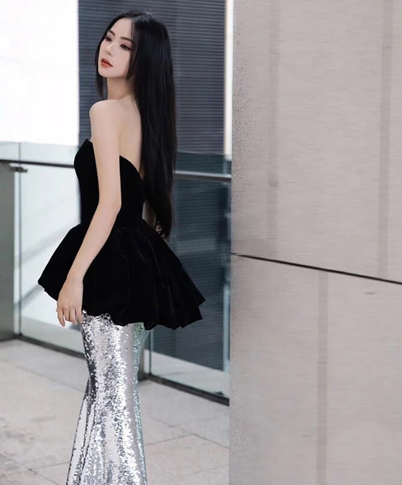 Edgy Black Silver Velvet Deep V-Neck Peplum Sequin Evening Dress SF425