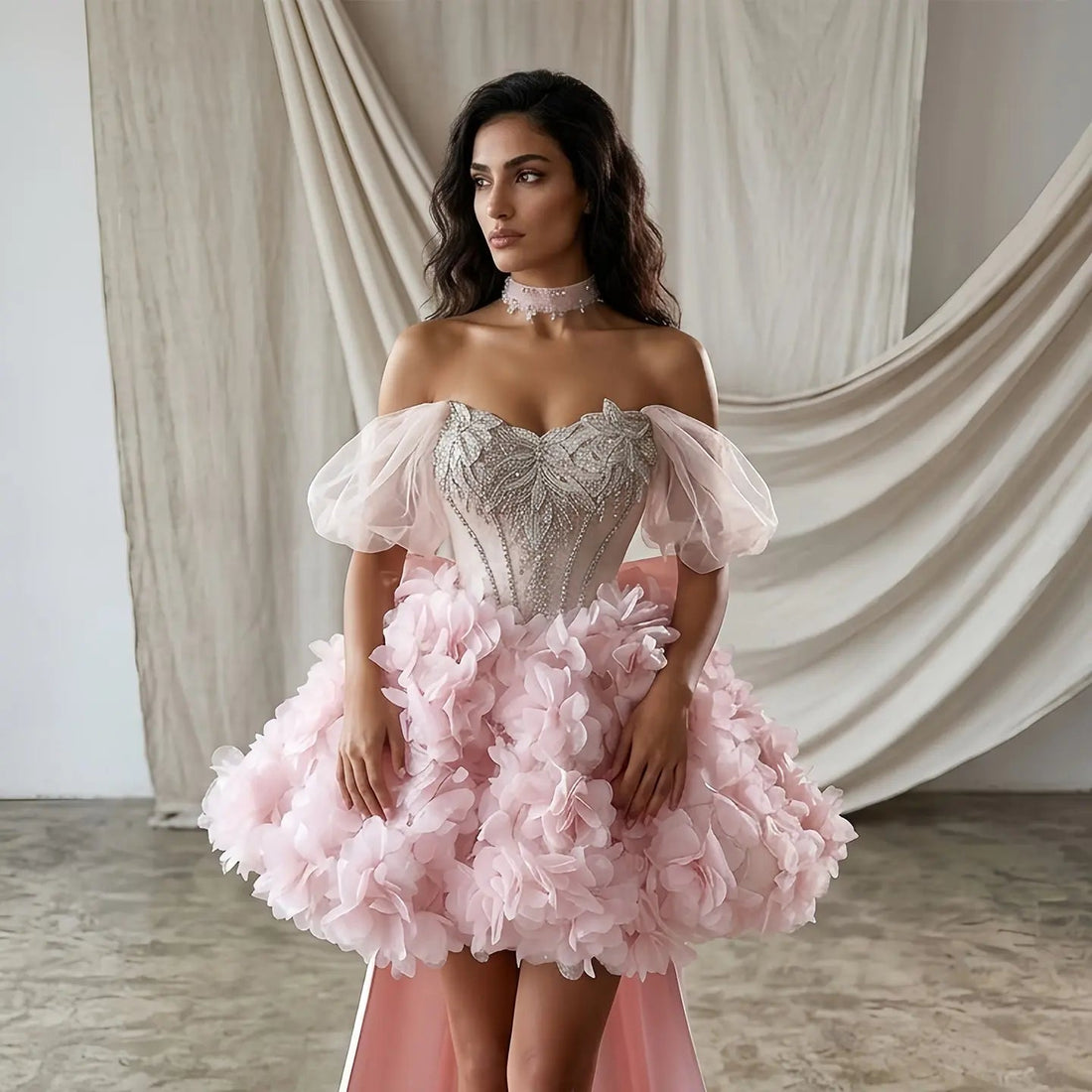 Luxury Pink 3D Floral Train Evening Dress with Overskirt and Bow SS740