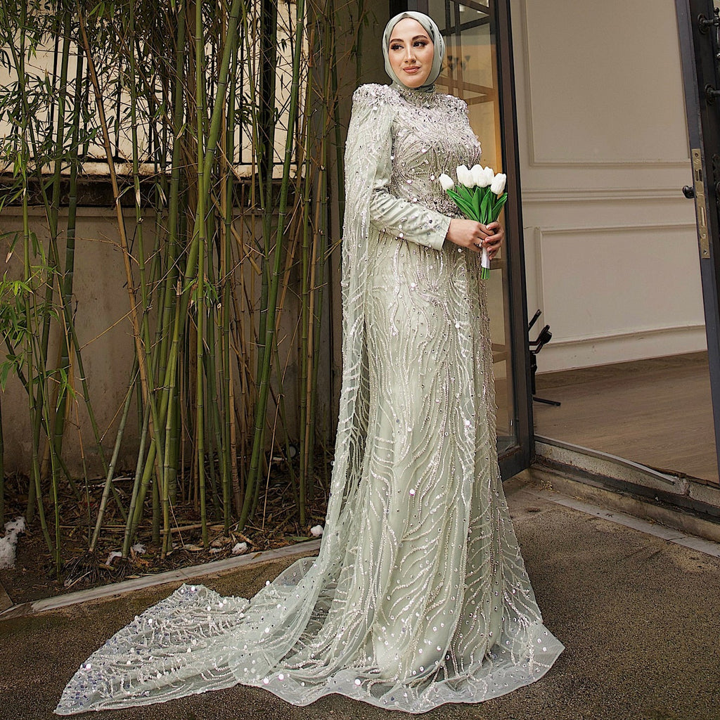 Luxury Champagne Long Sleeve High Neck Evening Dress with Cape SS366