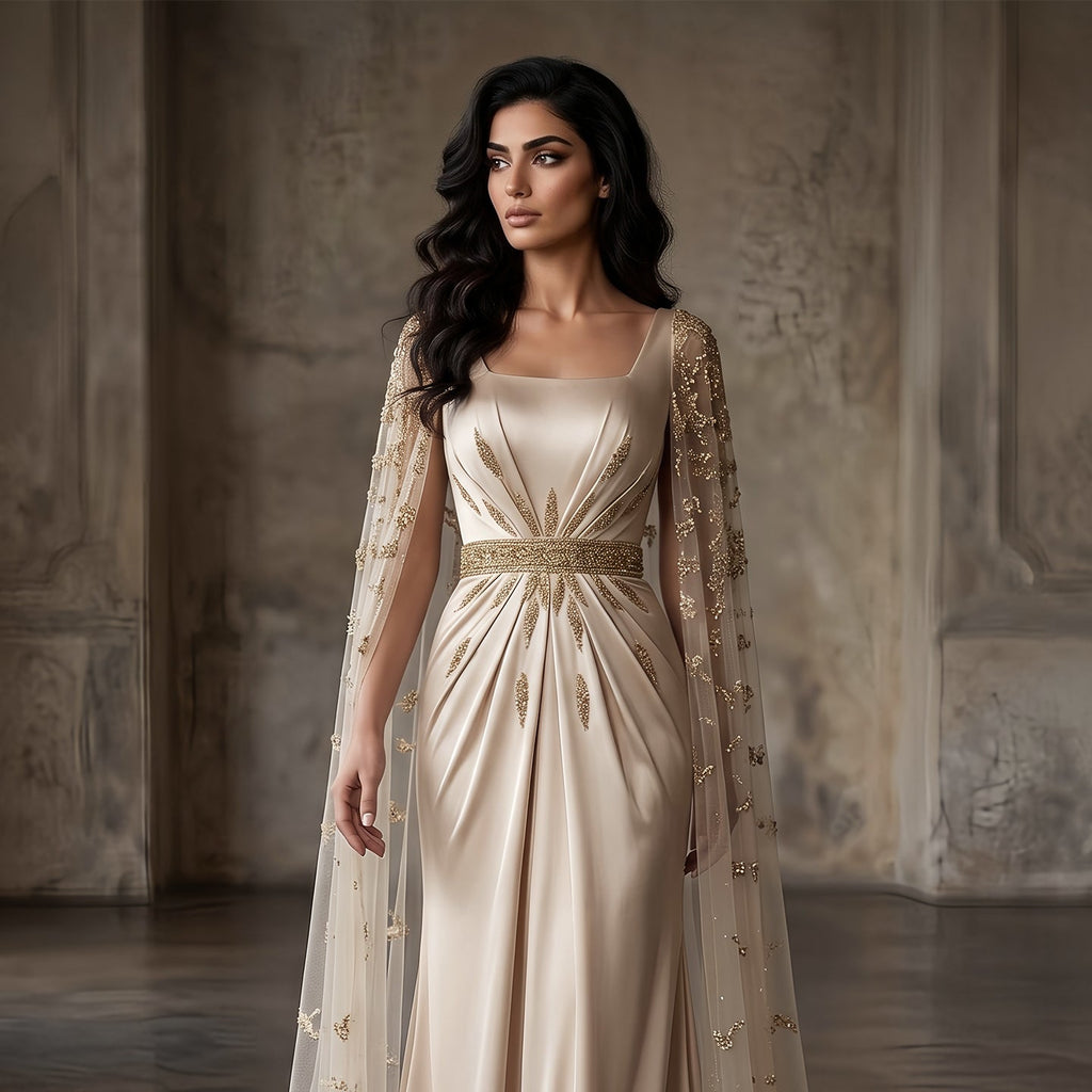 Elegant Champagne Square Neck Beaded Evening Dress with Cape Sleeve SS213