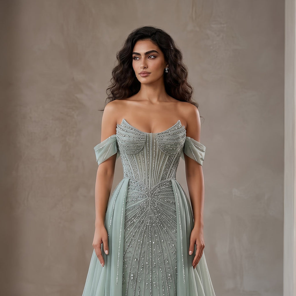 Luxury Pink Off-the-Shoulder Beaded Crystal Corset Evening Dress SS120