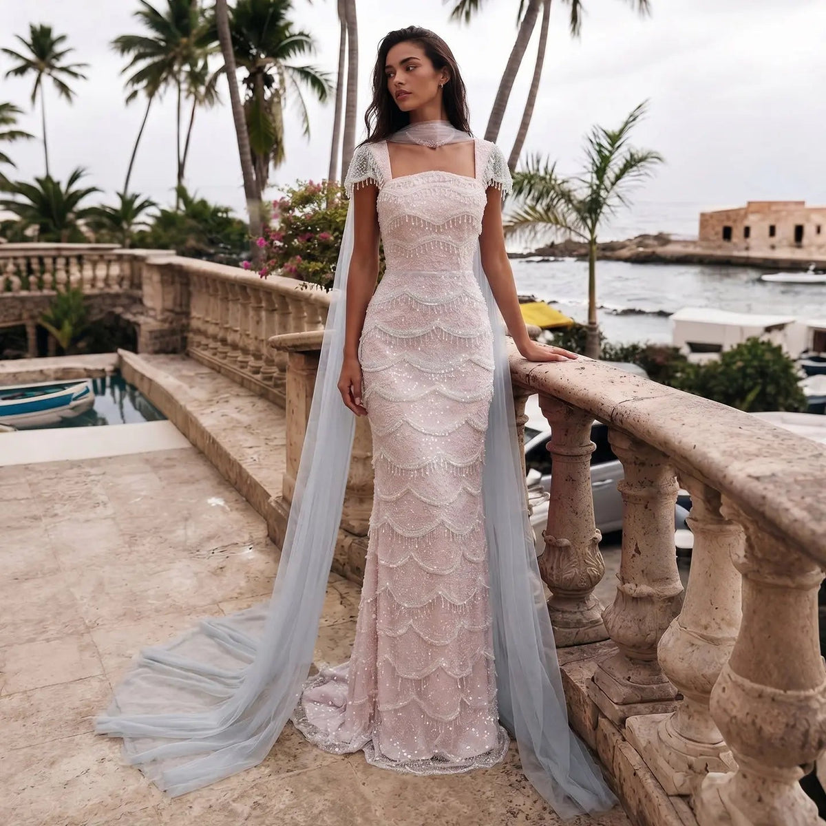 Gradient White Mermaid Square Sheer Evening  Dress Long Side Tulle Overlay SS523