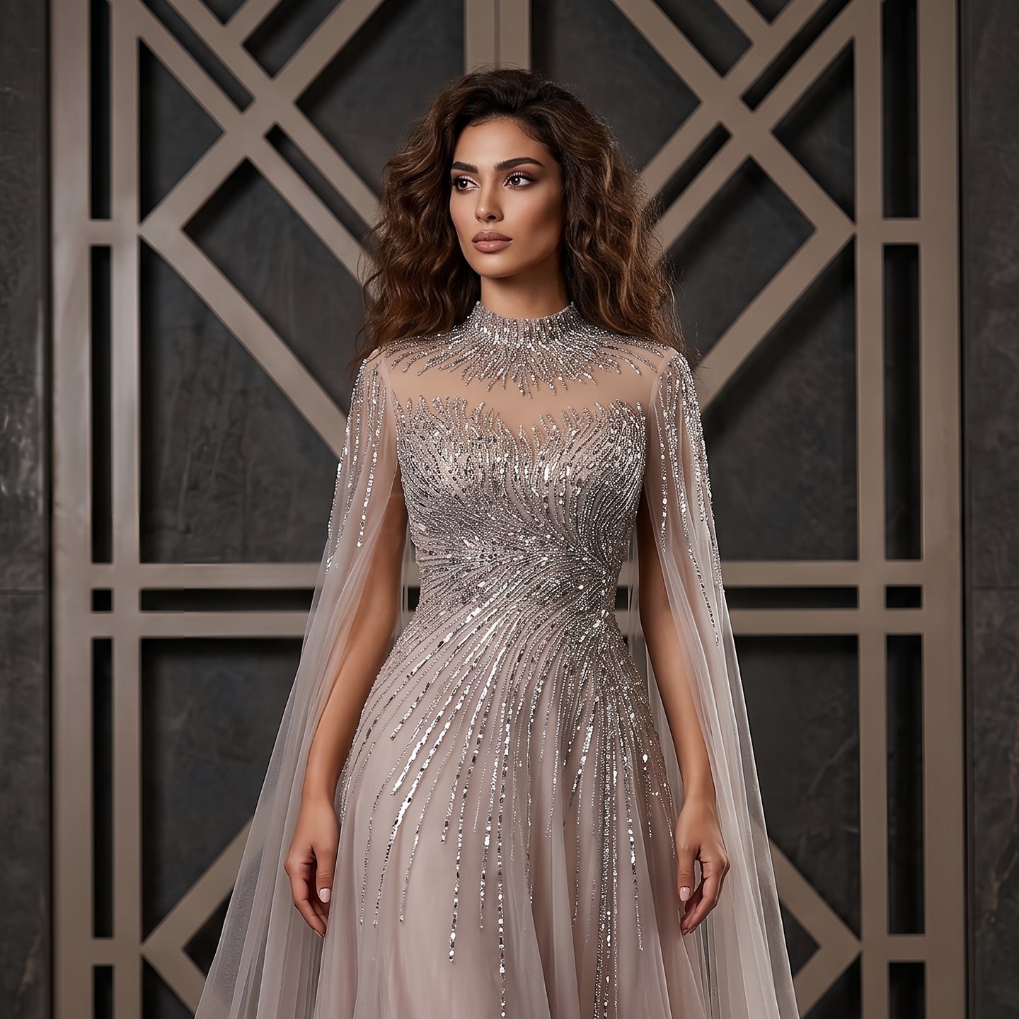 Elegant Blue High Neck Beaded Evening Dress with Cape Sleeve SS134