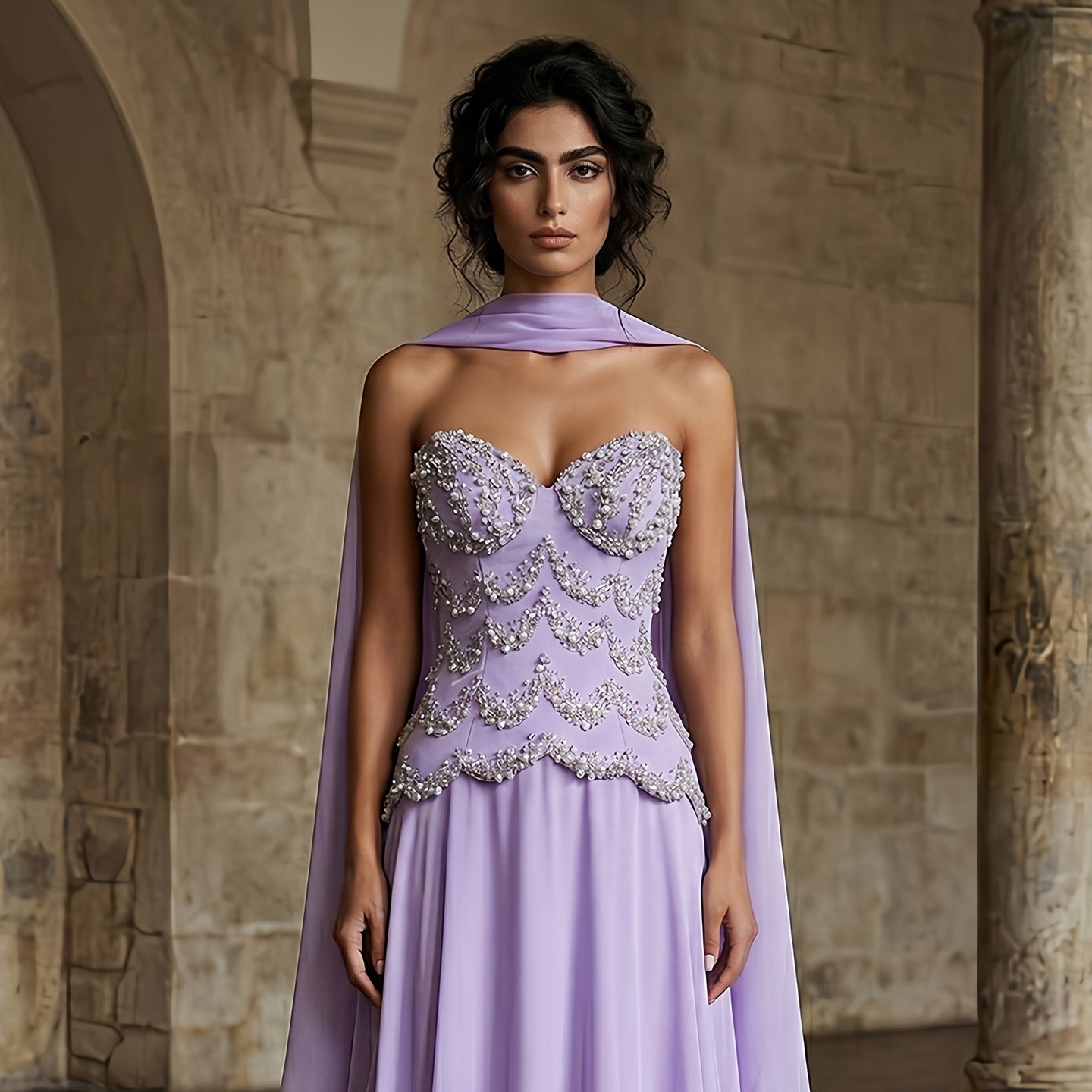 Elegant Purple Beaded Pearl Sweetheart Evening Dress with Scarf SS753