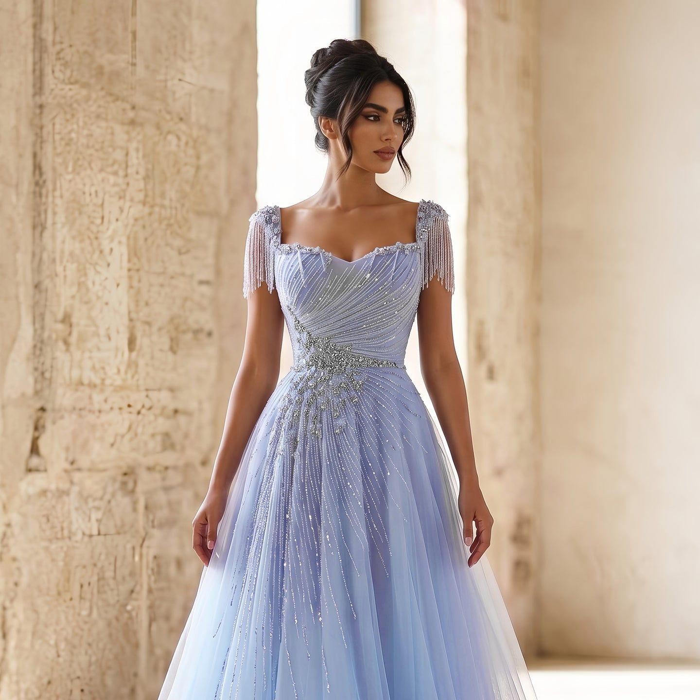 Elegant Blue Beaded Tassel Tulle A-Line Evening Dress SS058